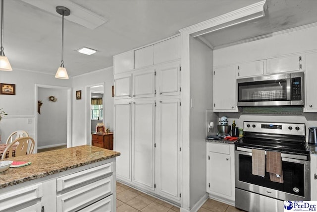 106 Min Lou Cir, Darlington, SC 29532 - kitchen with stainless steel appliances, light tile patterned flooring, white cabinetry, crown molding, and decorative light fixtures