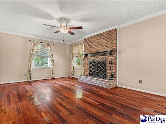 unfurnished living room with hardwood / wood-style floors, baseboards, a ceiling fan, and crown molding