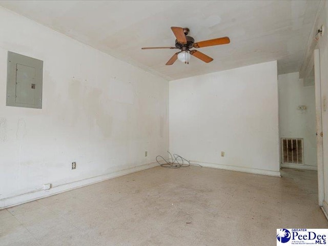 empty room with electric panel and ceiling fan