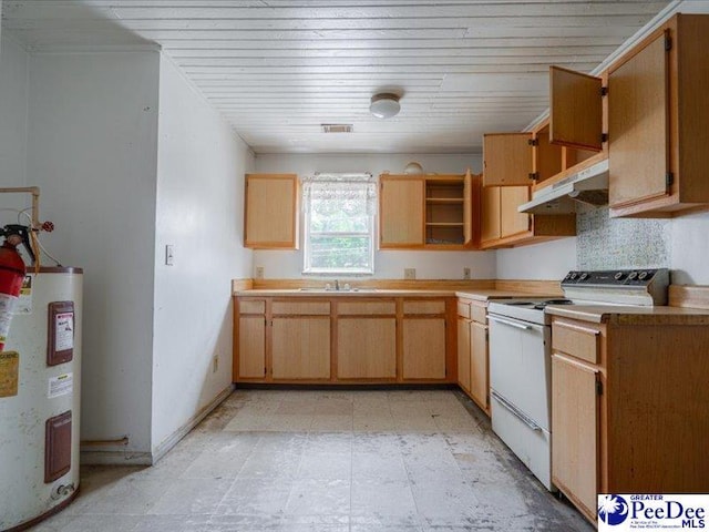 kitchen with sink, wooden ceiling, electric range, water heater, and backsplash