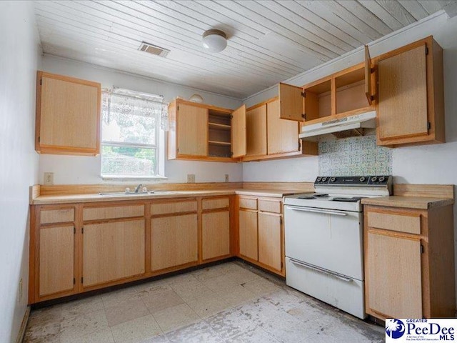 kitchen with sink, wood ceiling, light brown cabinets, and white range with electric cooktop