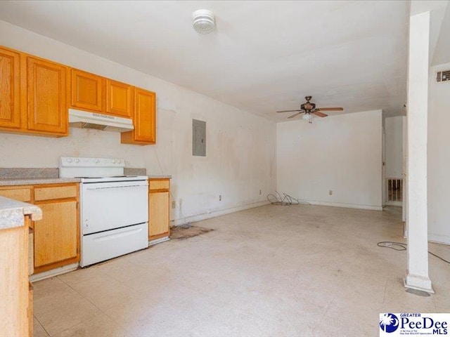 kitchen with ceiling fan, electric panel, and white range with electric stovetop