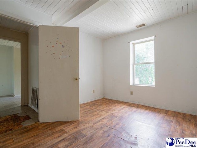 spare room with beamed ceiling, wood ceiling, and wood-type flooring