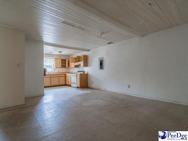 unfurnished living room with electric panel and wood ceiling