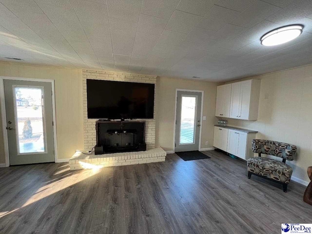 unfurnished living room featuring a healthy amount of sunlight, dark hardwood / wood-style floors, and a fireplace