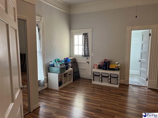 interior space with dark wood-style floors and crown molding