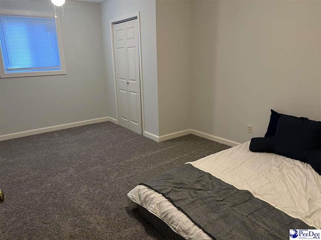 unfurnished bedroom with baseboards, dark colored carpet, and a closet