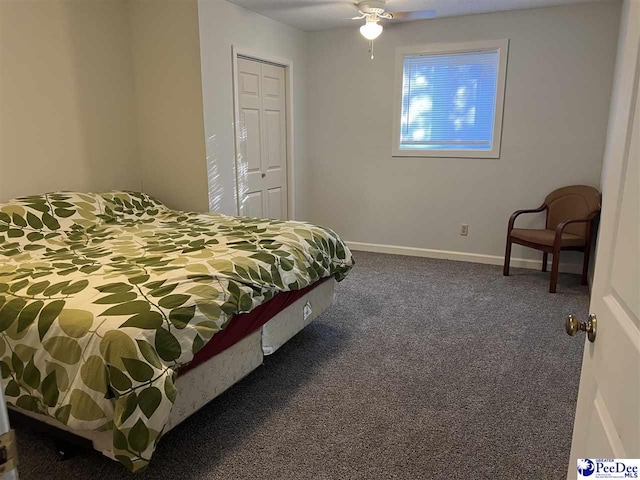 bedroom with carpet floors, a closet, ceiling fan, and baseboards