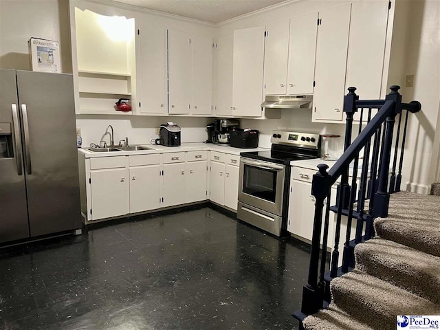 kitchen featuring under cabinet range hood, white cabinetry, appliances with stainless steel finishes, and open shelves