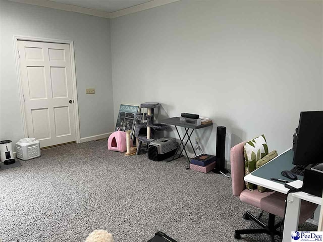 office space with baseboards, ornamental molding, and carpet flooring