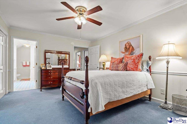 bedroom with ornamental molding, a ceiling fan, ensuite bath, carpet floors, and baseboards