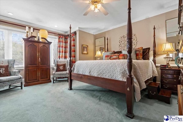 bedroom with recessed lighting, crown molding, and carpet floors