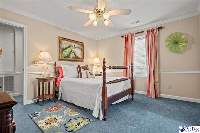 carpeted bedroom with a ceiling fan, crown molding, baseboards, and visible vents