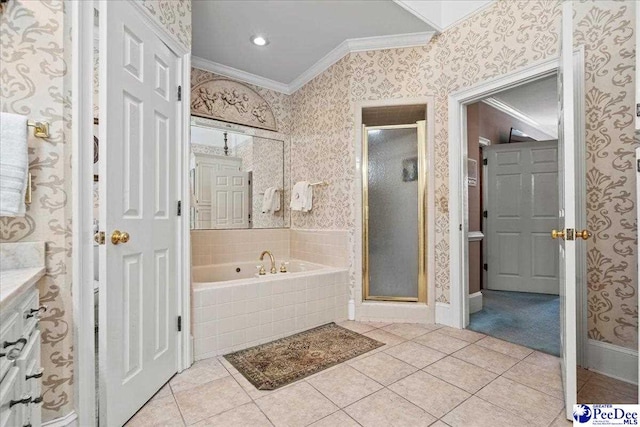 bathroom featuring tile patterned flooring, a shower stall, wallpapered walls, and crown molding