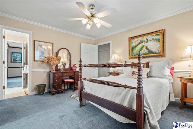 carpeted bedroom featuring baseboards, ceiling fan, and ornamental molding