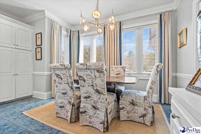 tiled dining area featuring a chandelier, plenty of natural light, crown molding, and baseboards