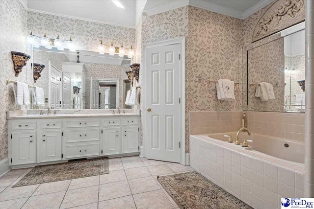 full bath with ornamental molding, wallpapered walls, tile patterned flooring, double vanity, and a bath