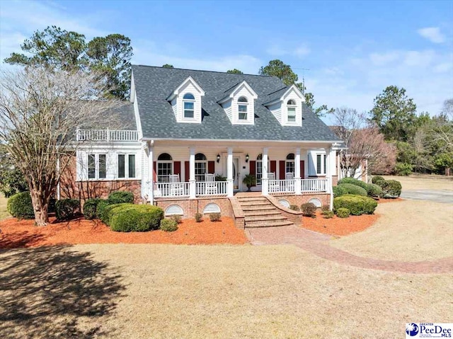 cape cod house featuring roof with shingles, a porch, and a balcony