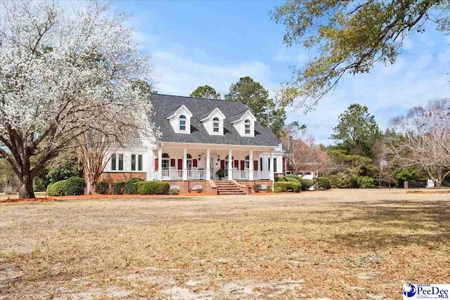 new england style home featuring a front lawn and covered porch