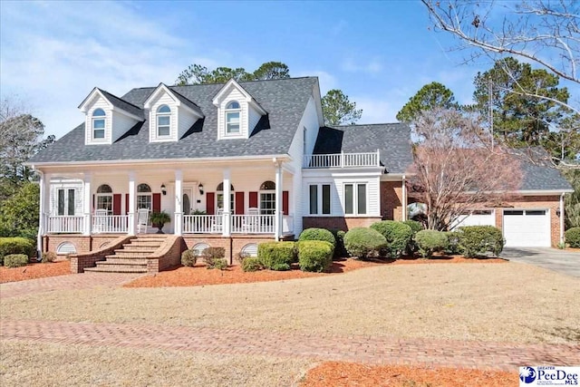 cape cod home with covered porch, concrete driveway, a garage, a balcony, and brick siding