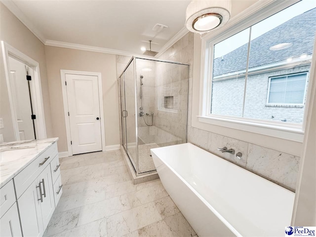 bathroom featuring vanity, crown molding, and shower with separate bathtub