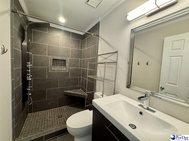 188 Chatham Trace Cir, Cheraw, SC 29520 - full bath featuring crown molding, a stall shower, vanity, and tile patterned flooring