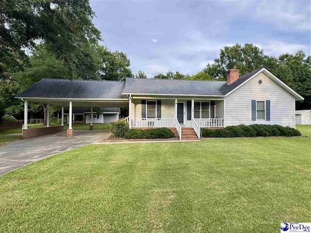 188 Chatham Trace Cir, Cheraw, SC 29520 - ranch-style home featuring covered porch, driveway, a chimney, a front yard, and an attached carport