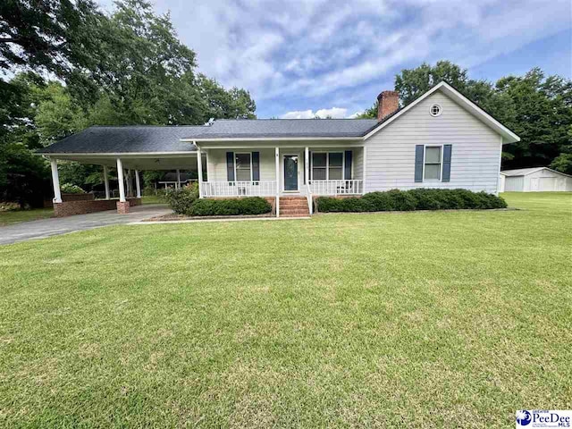 188 Chatham Trace Cir, Cheraw, SC 29520 - single story home featuring covered porch, a chimney, a carport, a front yard, and asphalt driveway