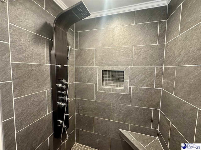 188 Chatham Trace Cir, Cheraw, SC 29520 - bathroom with a tile shower and crown molding