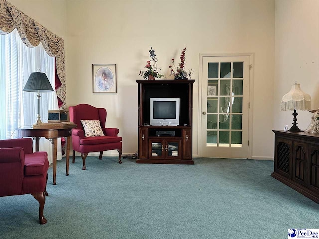 living area with carpet flooring