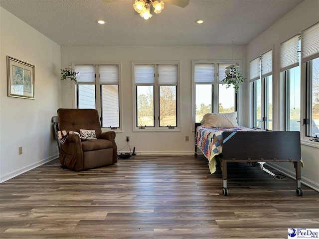 bedroom featuring dark hardwood / wood-style flooring and a textured ceiling