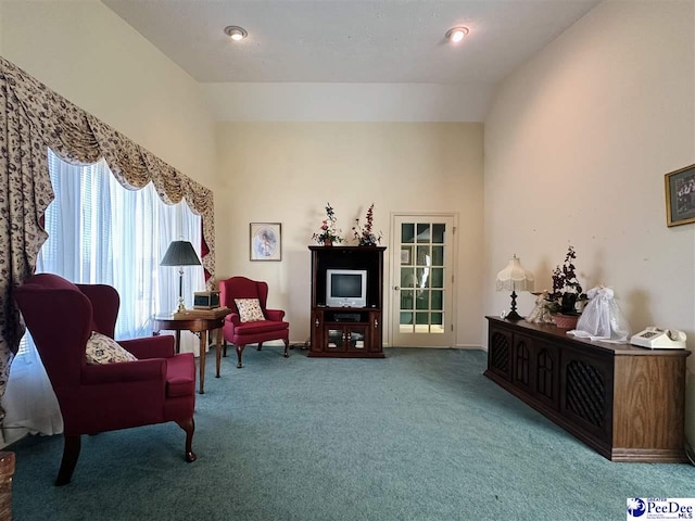 living area featuring high vaulted ceiling and carpet floors