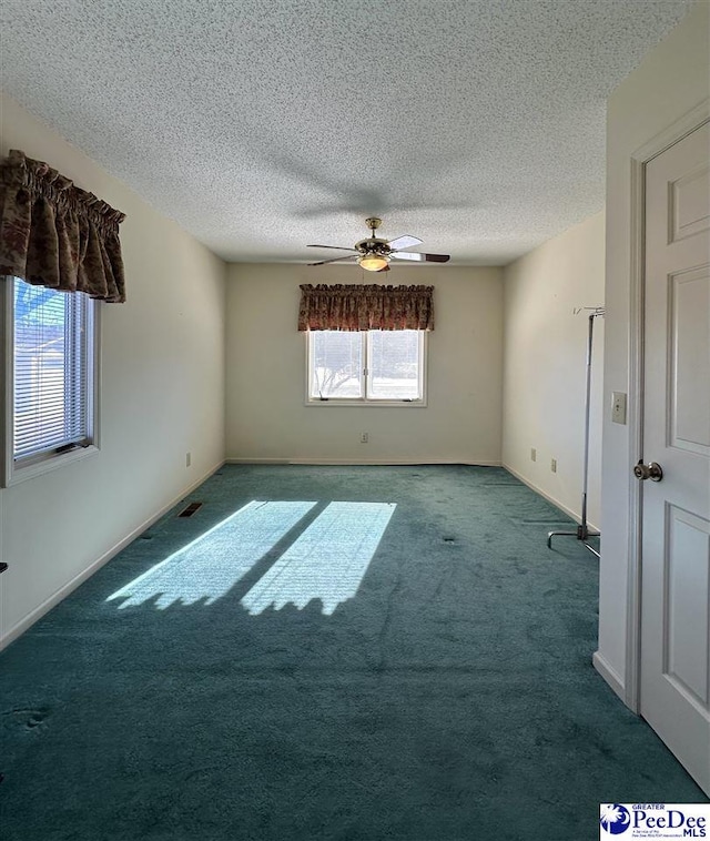 unfurnished room with carpet floors, a textured ceiling, and a wealth of natural light