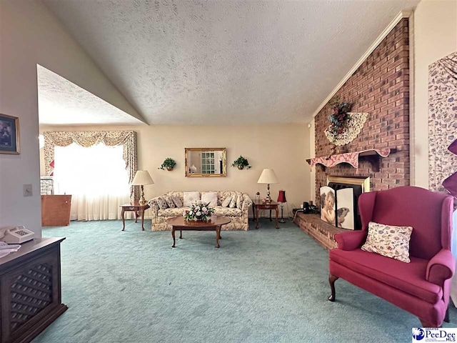 carpeted living room featuring vaulted ceiling, a textured ceiling, and a fireplace