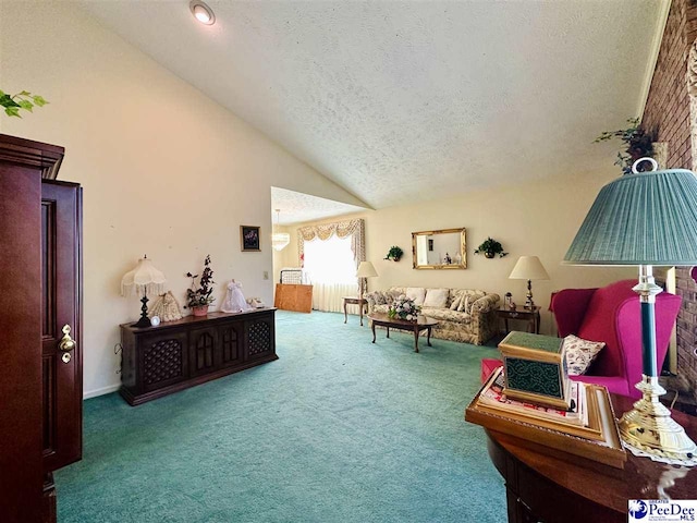 living room with carpet flooring, high vaulted ceiling, and a textured ceiling