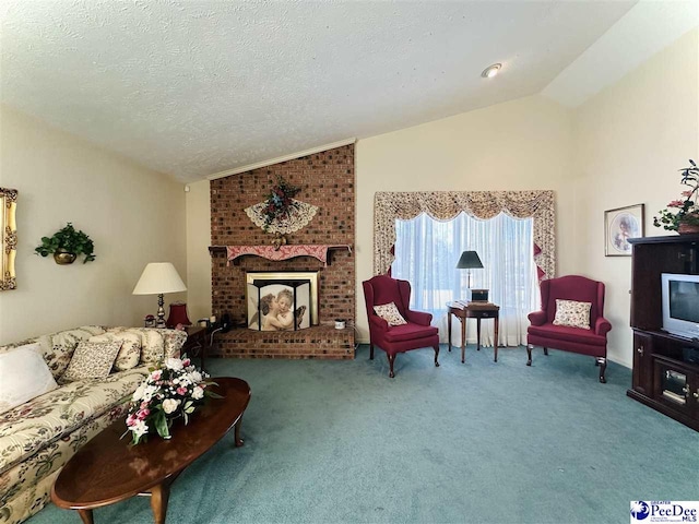 carpeted living room with a brick fireplace, vaulted ceiling, and a textured ceiling