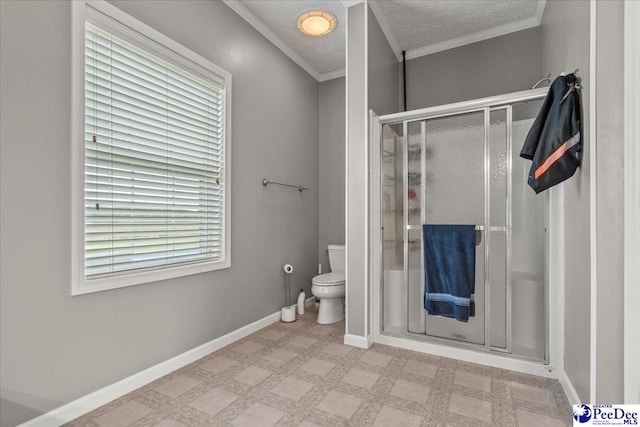2770 Gray Dr, Darlington, SC 29532 - bathroom featuring a stall shower, crown molding, and a textured ceiling
