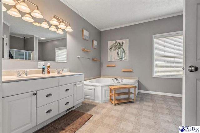 2770 Gray Dr, Darlington, SC 29532 - bathroom with ornamental molding, double vanity, a bath, a textured ceiling, and tile patterned floors