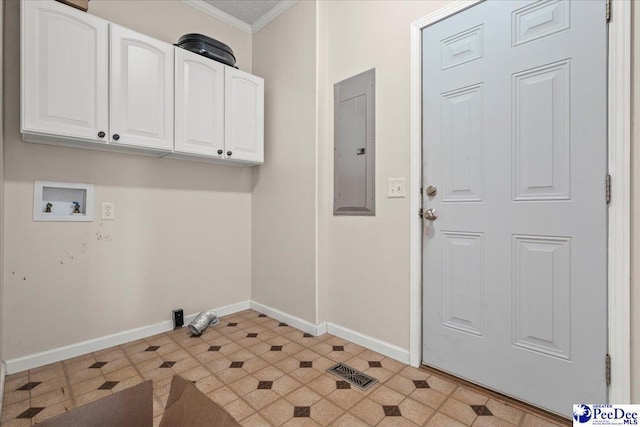 2770 Gray Dr, Darlington, SC 29532 - laundry area with electric panel, hookup for a washing machine, cabinet space, crown molding, and light flooring