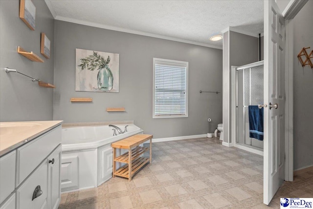 2770 Gray Dr, Darlington, SC 29532 - bathroom featuring a shower stall, ornamental molding, a bath, vanity, and a textured ceiling