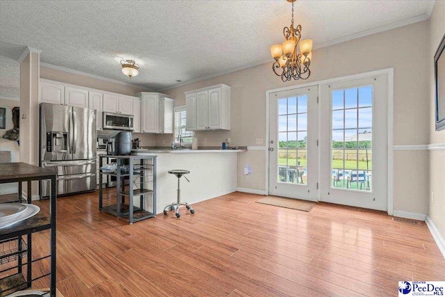 2770 Gray Dr, Darlington, SC 29532 - kitchen with stainless steel appliances, healthy amount of natural light, light wood-type flooring, a chandelier, and ornamental molding