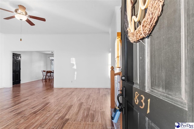 entryway with ceiling fan and hardwood / wood-style floors