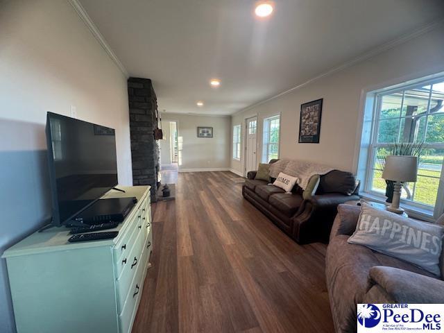 living area with baseboards, recessed lighting, crown molding, and dark wood-type flooring
