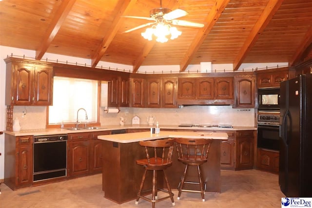 25560 Hwy 151, Mcbee, SC 29101 - kitchen featuring a sink, wooden ceiling, a ceiling fan, and black appliances
