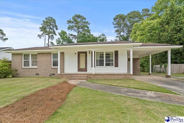 1216 Arrowood Dr, Florence, SC 29501 - view of front facade with crawl space, driveway, brick siding, an attached carport, and covered porch