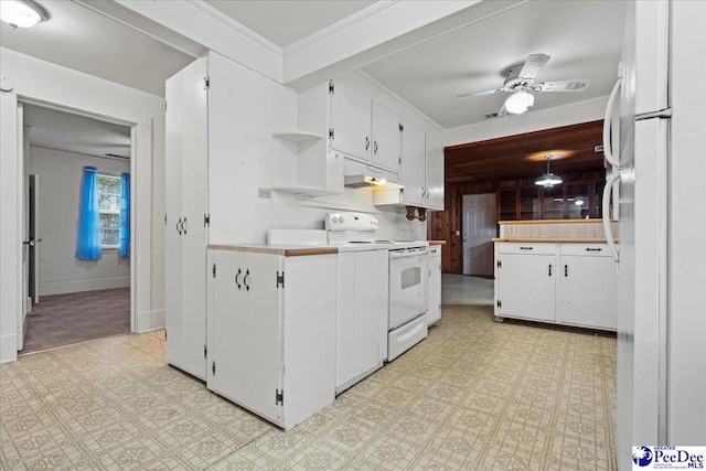 kitchen featuring white cabinetry, light countertops, open shelves, white appliances, and light floors