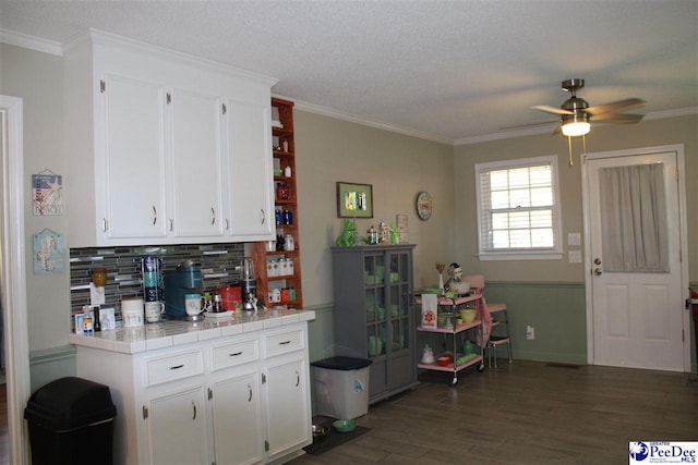 816 Madeira Ln, Florence, SC 29505 - kitchen featuring tile counters, white cabinets, a ceiling fan, dark wood-type flooring, and crown molding