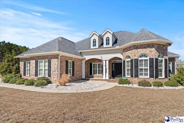 view of front of house featuring brick siding, roof with shingles, covered porch, and a front lawn