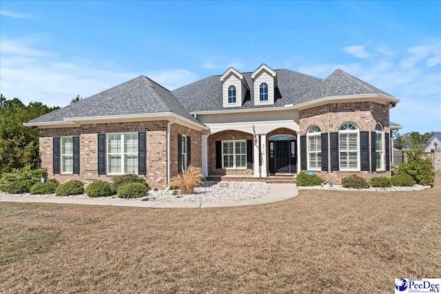 view of front of home featuring a front lawn, brick siding, and roof with shingles