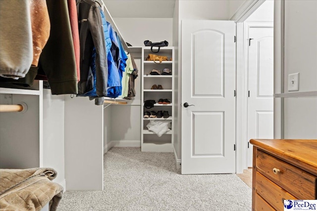 spacious closet featuring light colored carpet